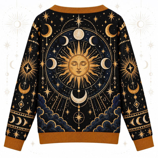 Sun Face Moon Phase Winter Solstice Cardigan for Women Celestial Gold, back view