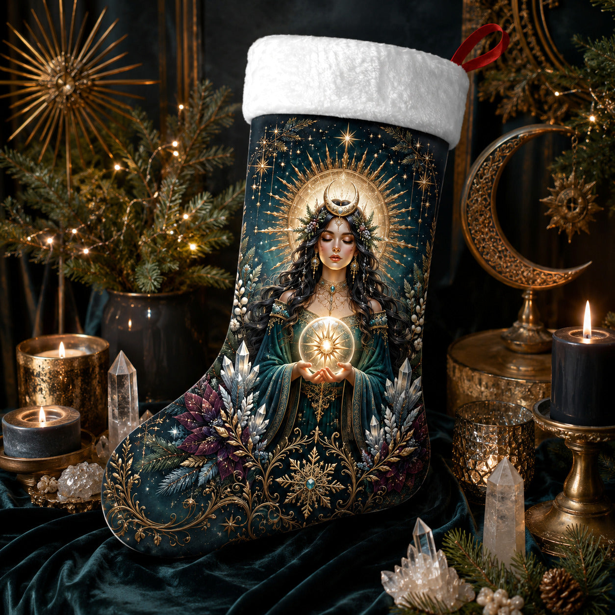 Sun Goddess Christmas Stocking Golden Halo Witchy Solstice Decor, styled shot 3