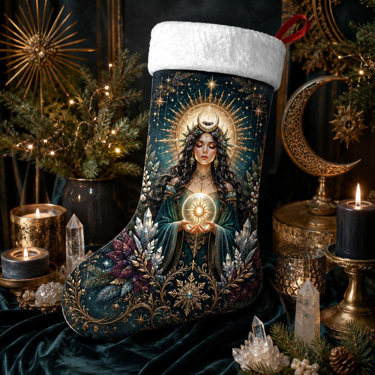 Sun Goddess Christmas Stocking Golden Halo Witchy Solstice Decor, styled shot 3