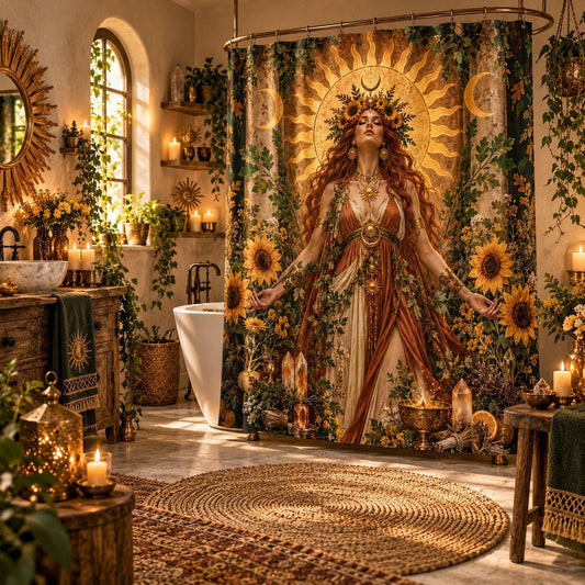 Sun Shower Curtain - Litha Sunflower Goddess Pagan Decor, styled shot 2