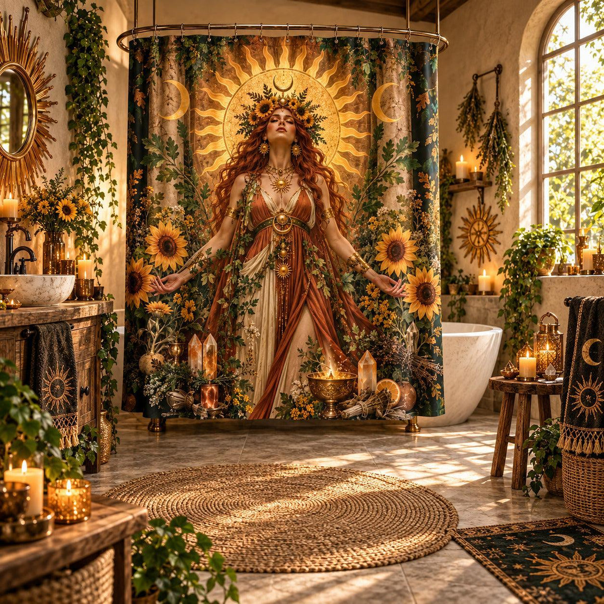 Sun Shower Curtain - Litha Sunflower Goddess Pagan Decor, styled shot 5