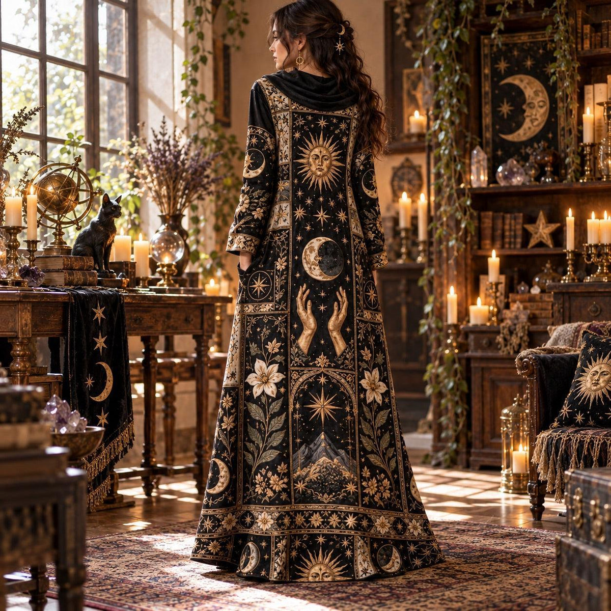 Tarot Celestial Witchy Cowl Neck Dress – Sun and Moon Gothic Maxi – close up of the printed artwork