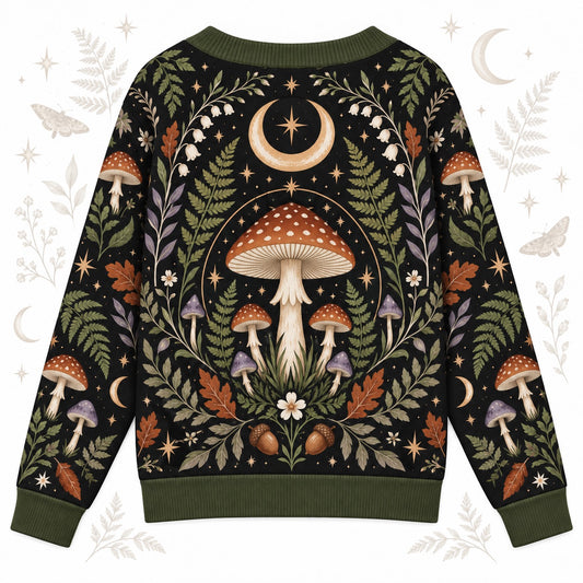 Toadstool Fern Acorn Witchy Cardigan for Women Forest Green Cottagecore, back view
