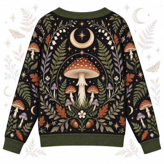 Toadstool Fern Acorn Witchy Cardigan for Women Forest Green Cottagecore, back view