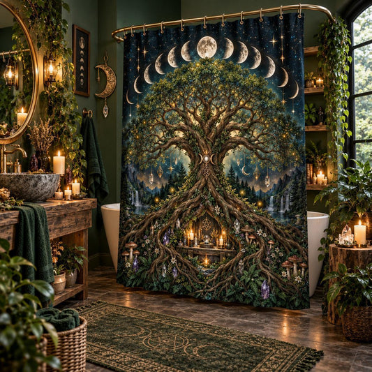 Tree of Life Shower Curtain - Moon Phase Pagan Witchy Decor, styled shot 2