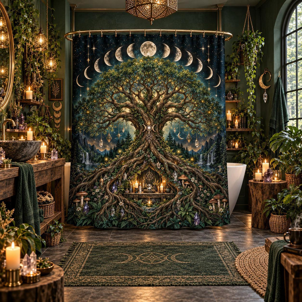 Tree of Life Shower Curtain - Moon Phase Pagan Witchy Decor, styled shot 5