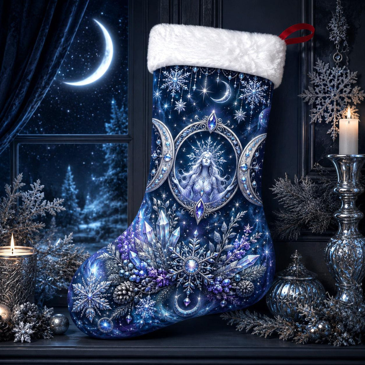 Triple Moon Christmas Stocking Blue Crystal Wiccan Goddess Decor, styled shot 4