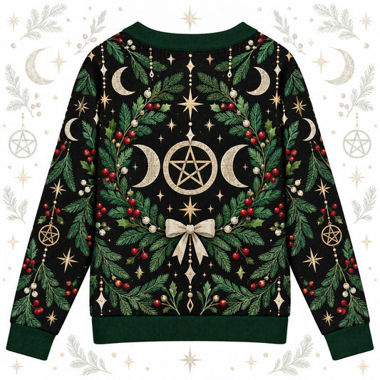 Triple Moon Pentacle Wreath Yule Cardigan for Women Wiccan Christmas, back view