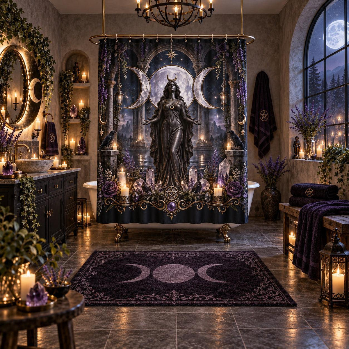 Triple Moon Shower Curtain - Wiccan Goddess Statue Decor, styled shot 5