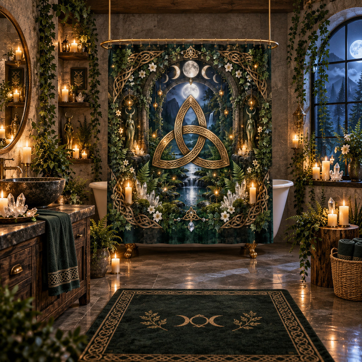 Triquetra Shower Curtain - Celtic Knot Moon Pagan Decor, styled shot 5