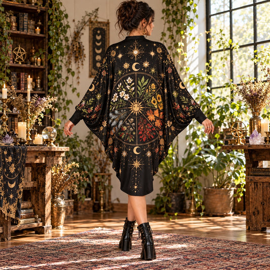 Wheel of the Year Pagan Batwing Dress โ Witchy Botanical Sun Midi โ worn, back view