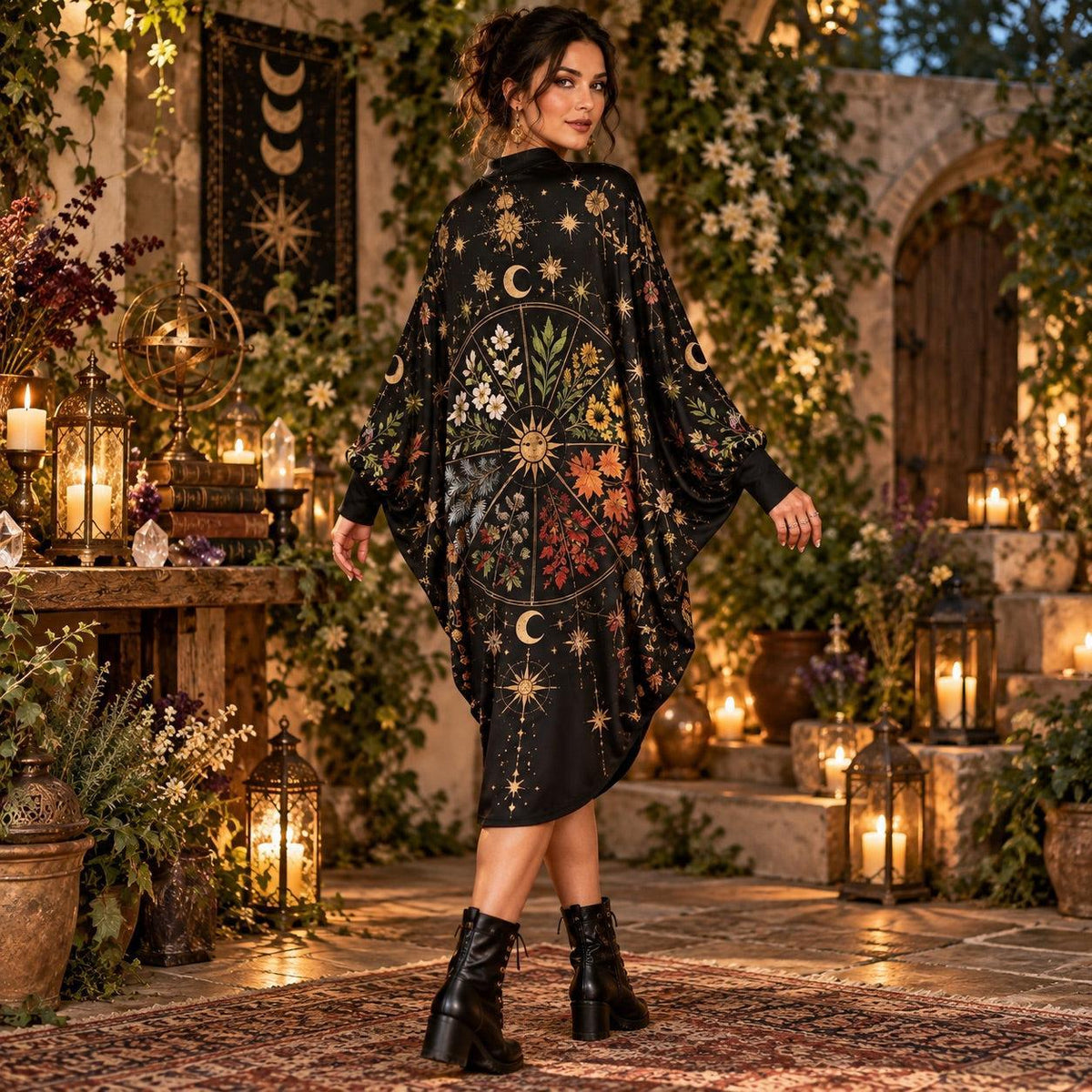 Wheel of the Year Pagan Batwing Dress – Witchy Botanical Sun Midi – worn, three quarter view
