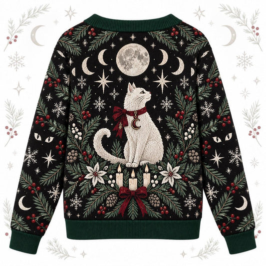 White Cat Moon Phase Christmas Cardigan for Women Witchy Yule Sweater, back view