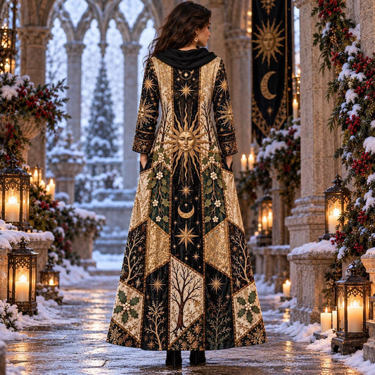 Winter Solstice Sun Pagan Cowl Neck Dress โ Witchy Yule Maxi โ worn, back view