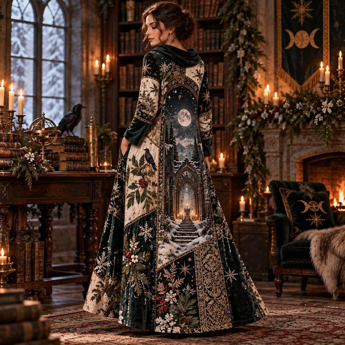 Winter Yule Moon Temple Pagan Cowl Neck Dress – Raven Holly Maxi – close up of the printed artwork