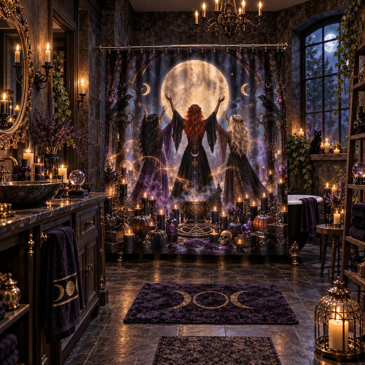 Witch Coven Shower Curtain - Samhain Full Moon Ritual Decor, styled shot 5