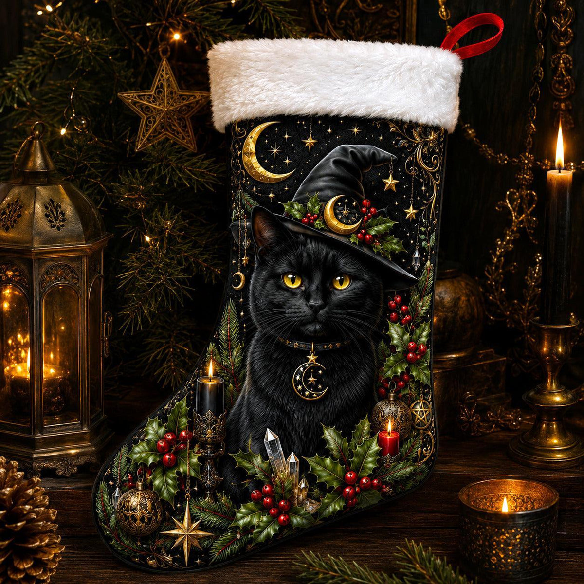 Witch Hat Black Cat Christmas Stocking Holly Witchy Yule Decor, styled shot 4