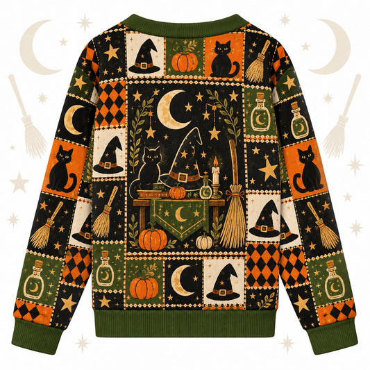 Witch Hat Broom Potion Bottle Halloween Cardigan for Women Olive Green, back view