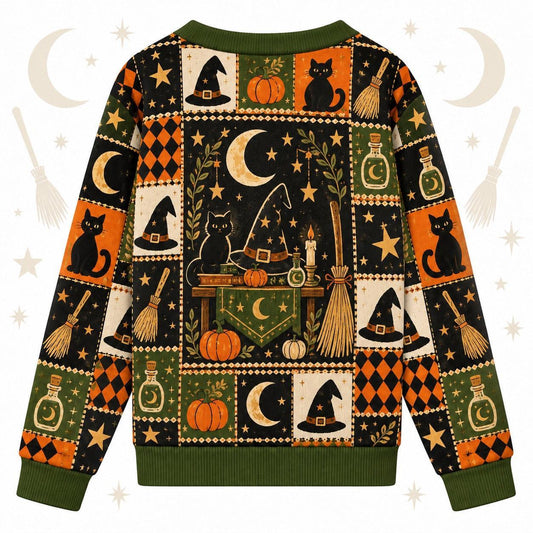 Witch Hat Broom Potion Bottle Halloween Cardigan for Women Olive Green, back view