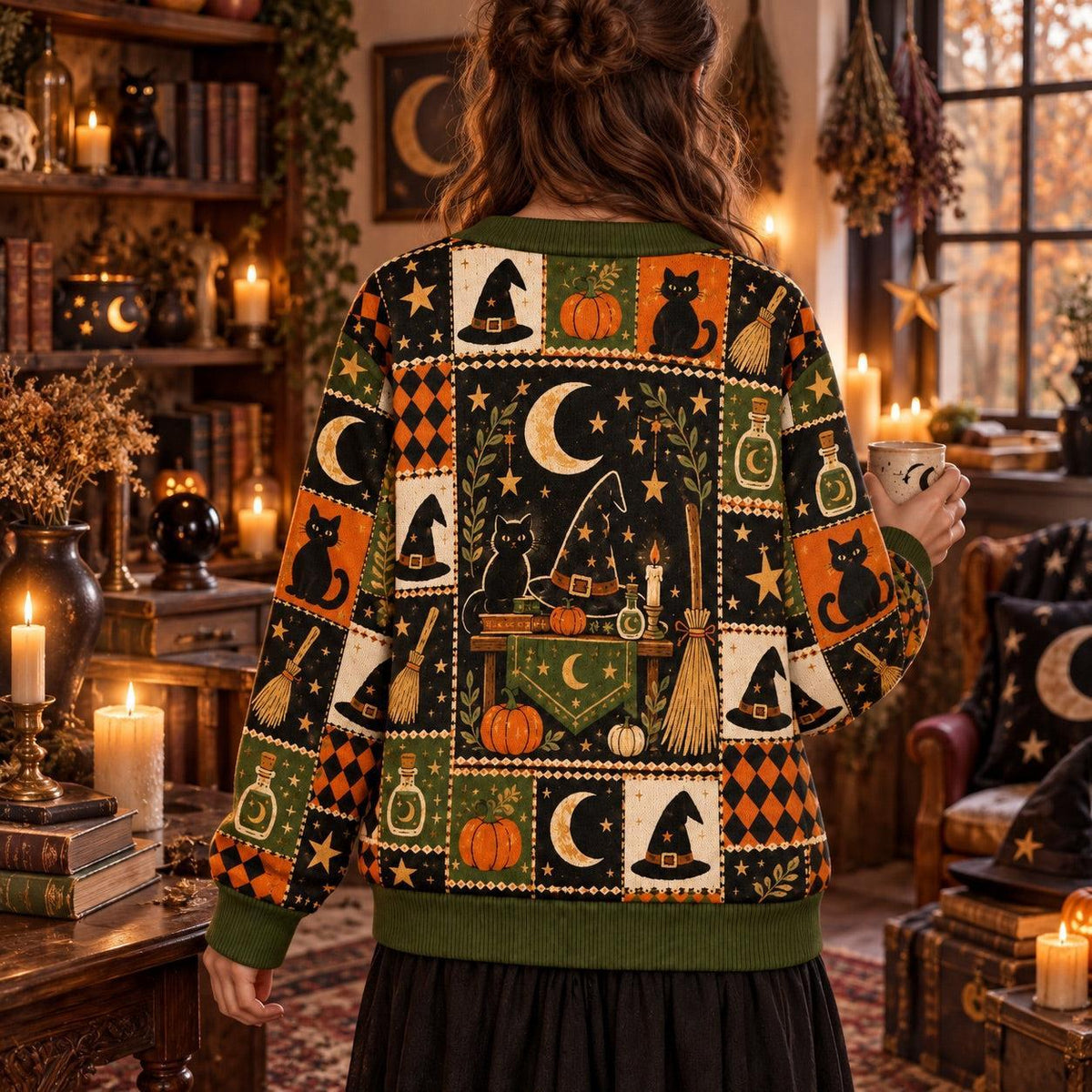 Witch Hat Broom Potion Bottle Halloween Cardigan for Women Olive Green, worn, back view