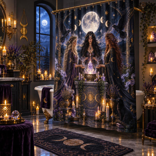 Witch Sisters Shower Curtain - Crystal Moon Ritual Decor, styled shot 2