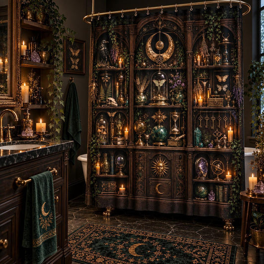Witchy Shower Curtain - Apothecary Cabinet Occult Curio Decor, styled shot 2