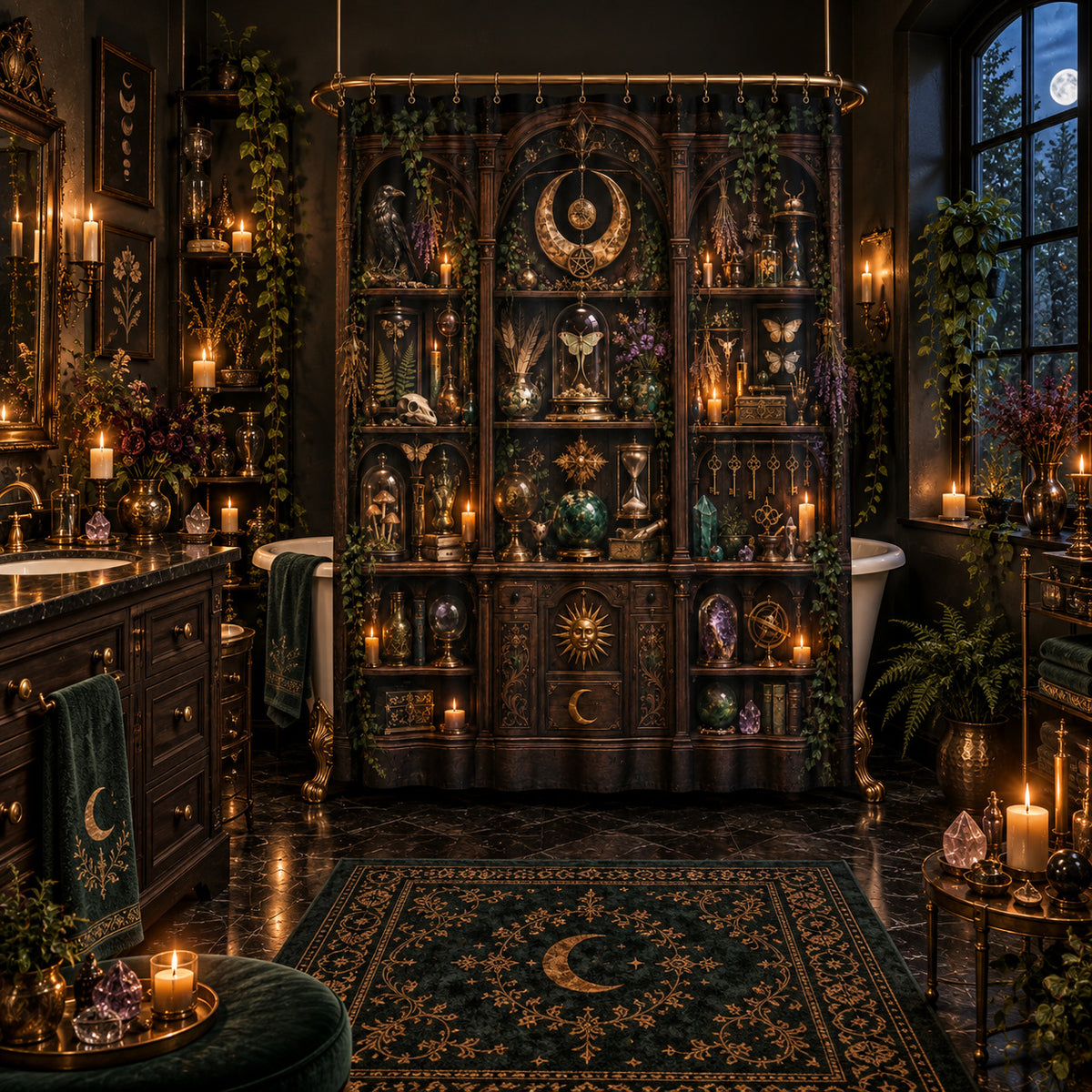 Witchy Shower Curtain - Apothecary Cabinet Occult Curio Decor, styled shot 5