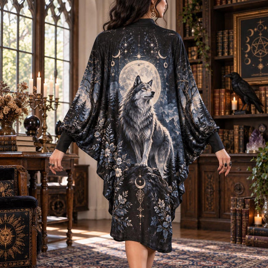 Wolf Moon Gothic Batwing Dress – Witchy Pagan Full Moon Forest Midi – worn, back view