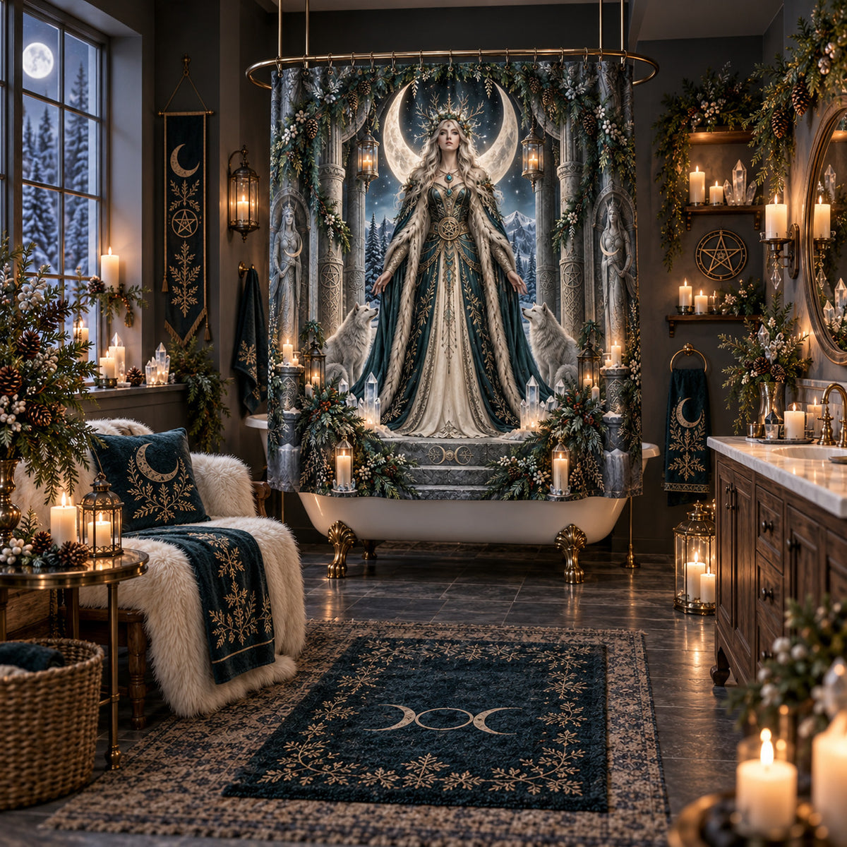 Yule Shower Curtain - Moon Goddess Pagan Winter Wolf Decor, styled shot 5