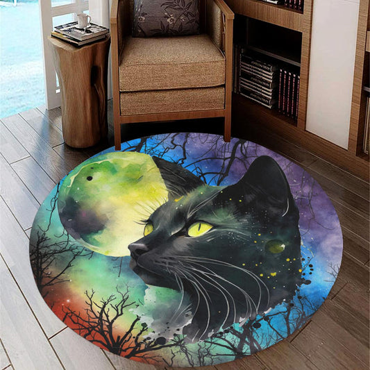 Moon Black Cat Round Rug Halloween Rug