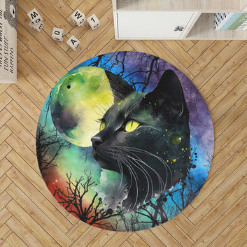 Moon Black Cat Round Rug Halloween Rug