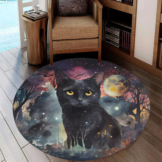 Moon Black Cat Round Rug Gothic Rug