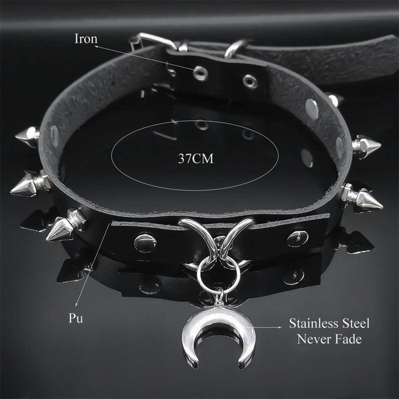 Gothic black PU leather choker with silver spikes and a stainless steel crescent moon pendant.