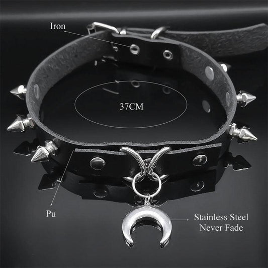 Gothic black PU leather choker with silver spikes and a stainless steel crescent moon pendant.