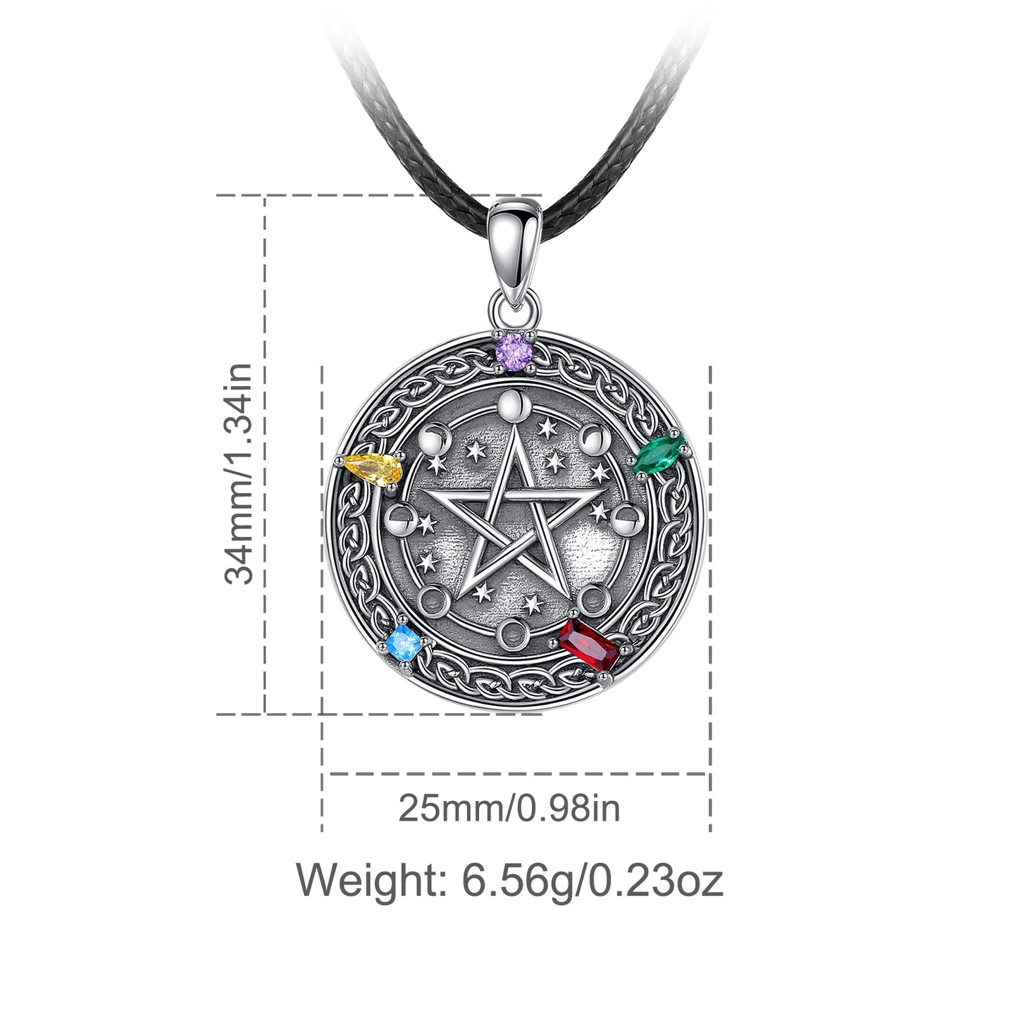 Sterling silver Moon phase Pentacle Necklace with colorful gemstones on a black cord.