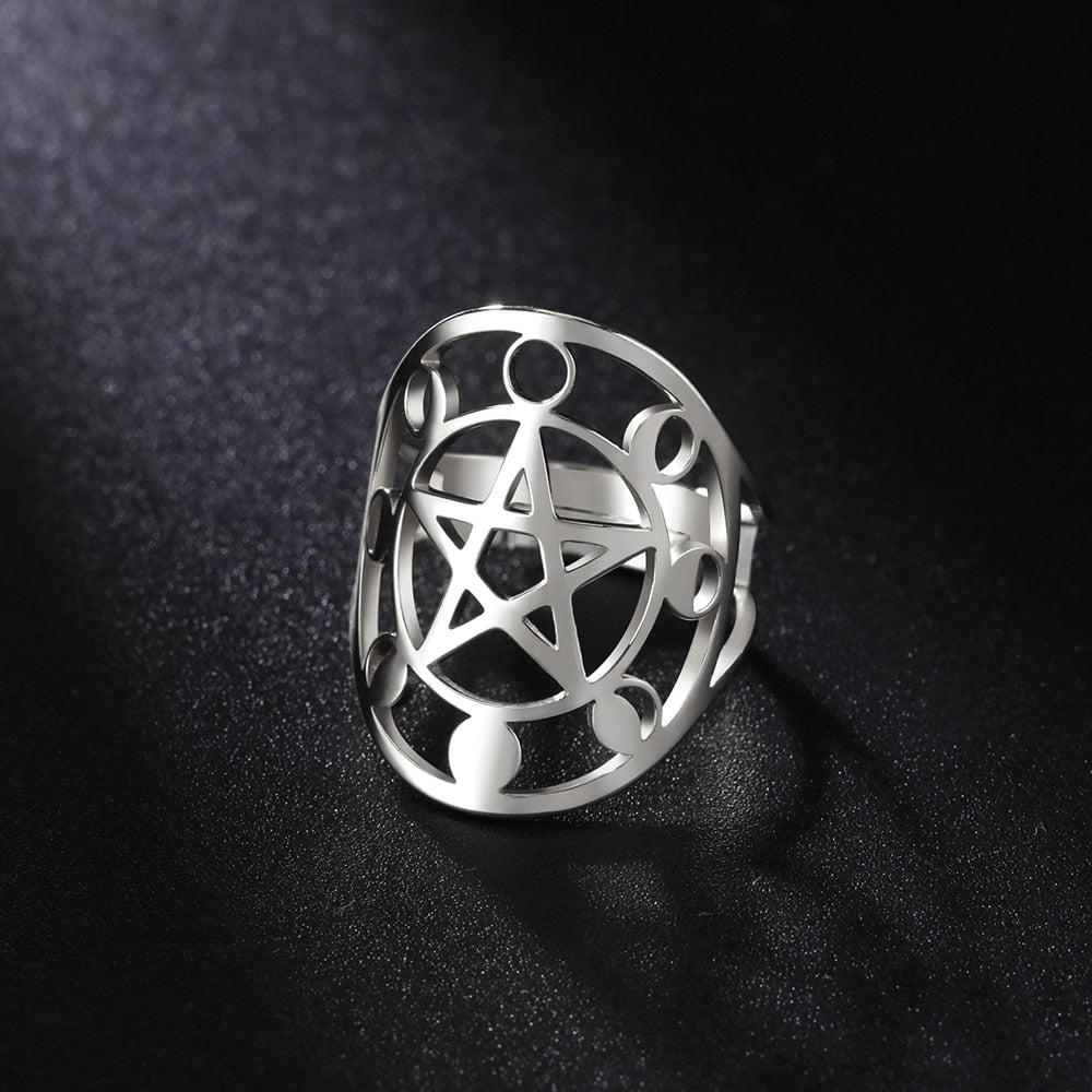 Exquisite 316L stainless steel Pentacle Moon Phase Ring, 24.8mm wide, with a high-polish finish.