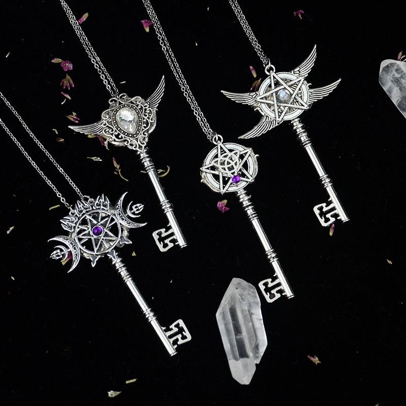 Crystal Witch Triple Moon Pentgram Key Necklace-MoonChildWorld