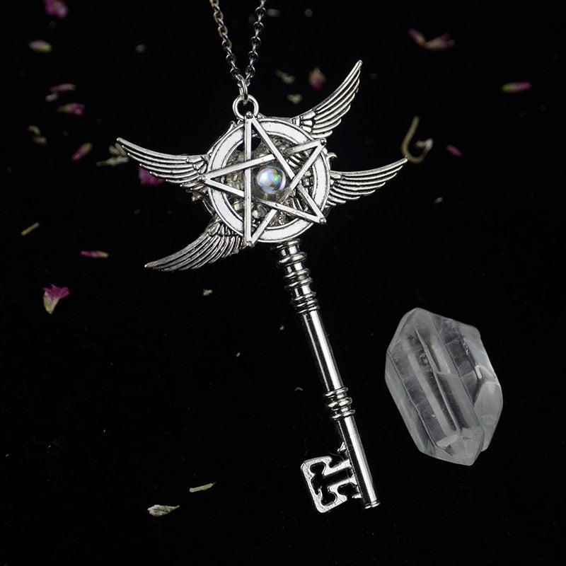 Crystal Witch Triple Moon Pentgram Key Necklace-MoonChildWorld