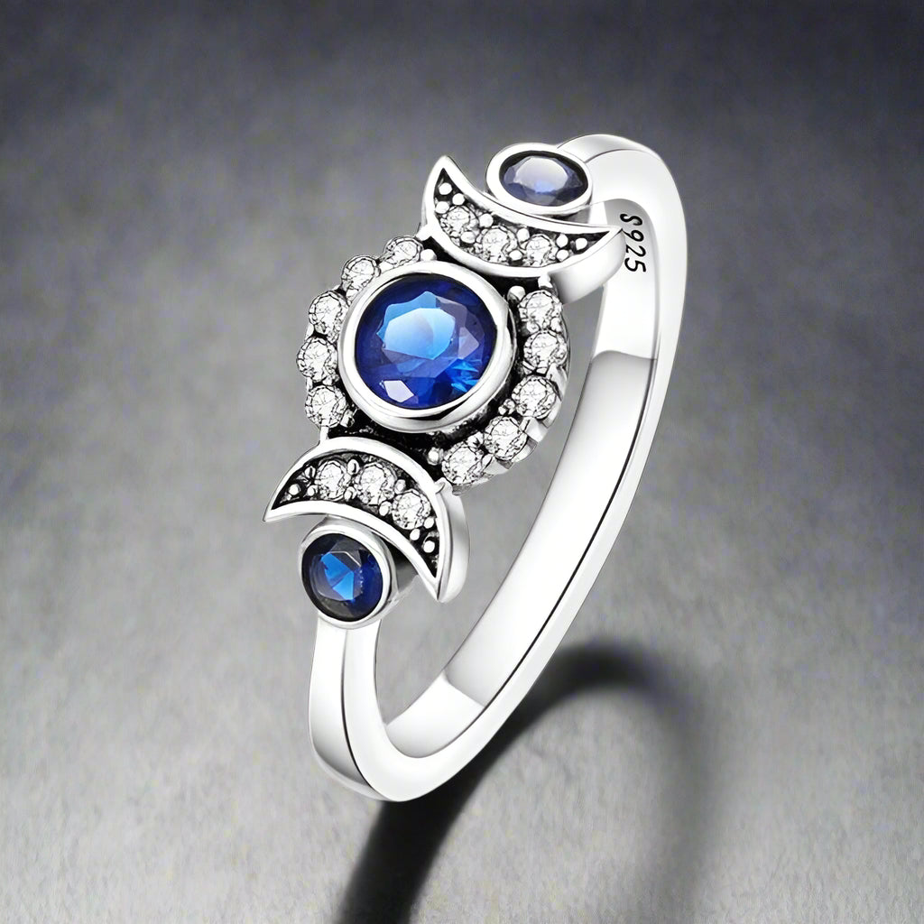 Blue Zircon Triple moon wiccan ring-MoonChildWorld