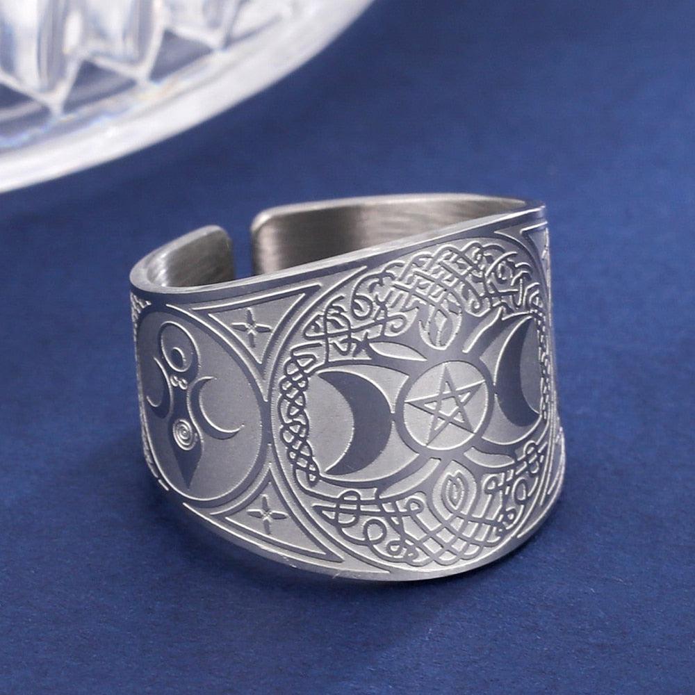 Triple Moon Goddess Ring Pentacle Pentacle Ring-MoonChildWorld