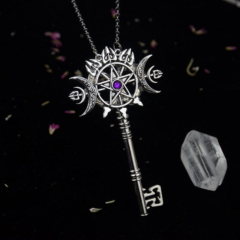 Crystal Witch Triple Moon Pentgram Key Necklace-MoonChildWorld