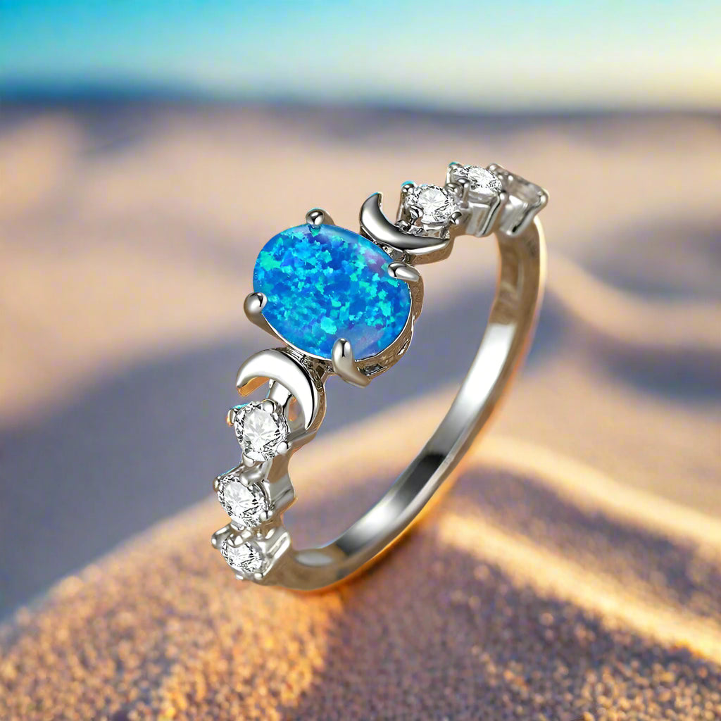 Rainbow White Fire Opal Ring Triple Moon Wiccan Ring-MoonChildWorld