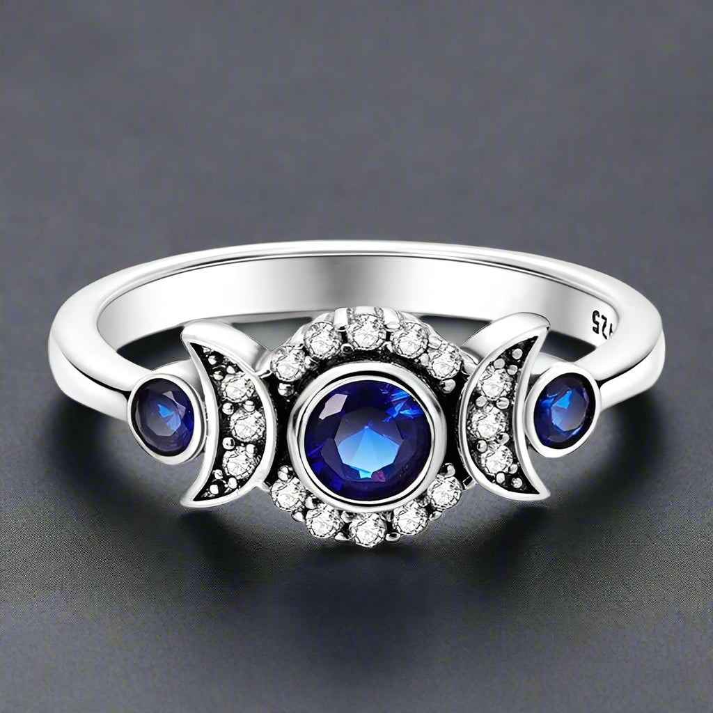 Blue Zircon Triple moon wiccan ring-MoonChildWorld