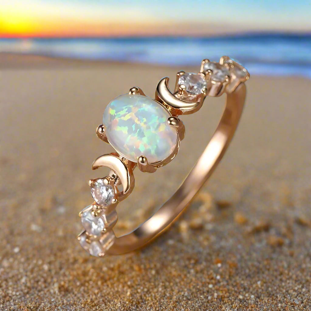 Rainbow White Fire Opal Ring Triple Moon Wiccan Ring-MoonChildWorld