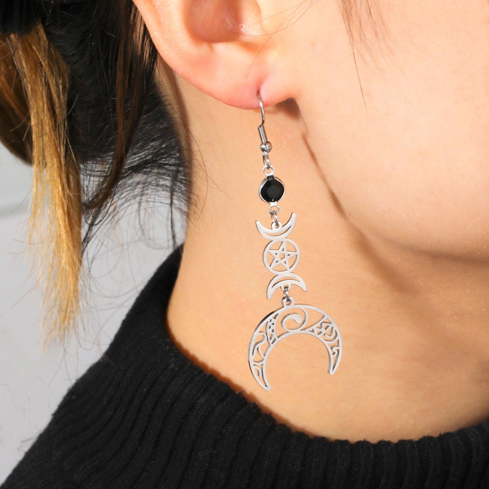 Pentagram Triple Moon Wiccan Earrings-MoonChildWorld