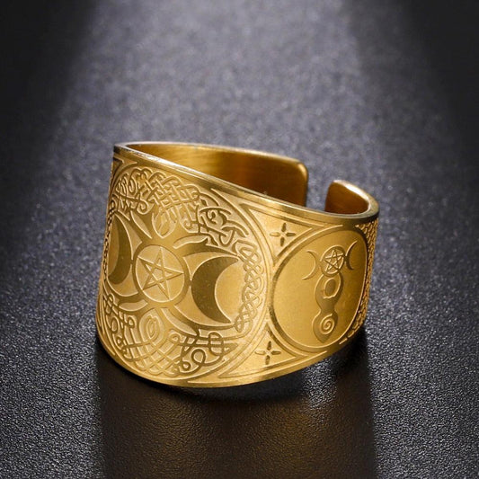 Triple Moon Goddess Ring Pentacle Pentacle Ring-MoonChildWorld