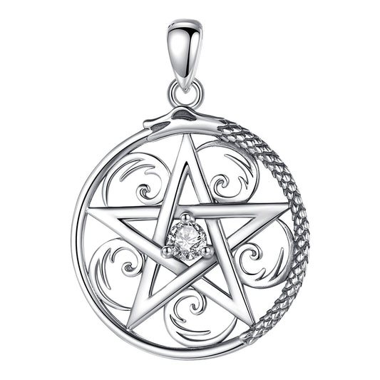 Sterling silver pentacle necklace with ornate swirls, a sparkling CZ center, and an Ouroboros snake design.