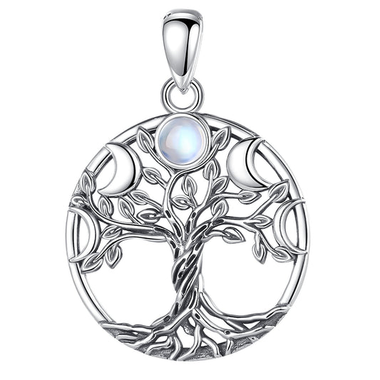 Sterling silver Tree of Life necklace with moon phase design and iridescent gemstone.