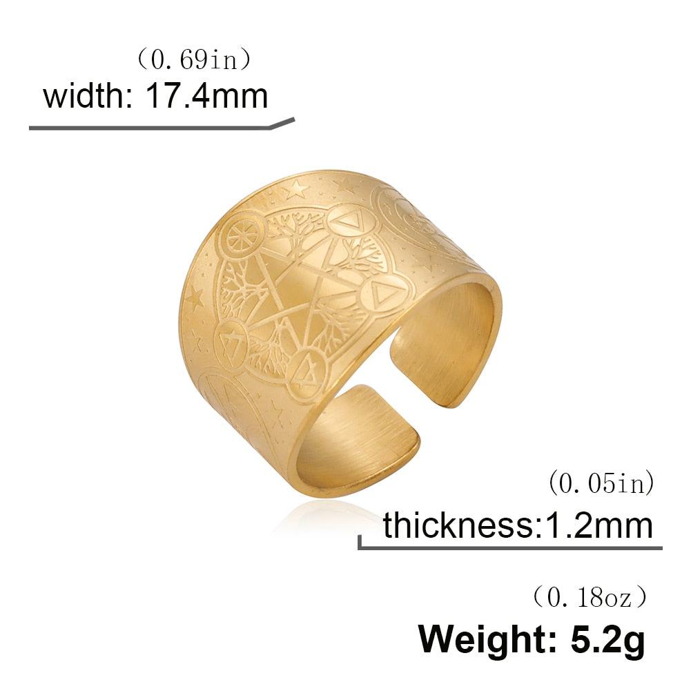 Gold stainless steel Tree of Life Pentacle Ring, 16mm wide, for pagan and wiccan jewelry lovers.