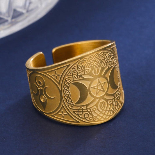 Triple Moon Goddess Ring Pentacle in stainless steel, featuring intricate Celtic knotwork and a pentagram.